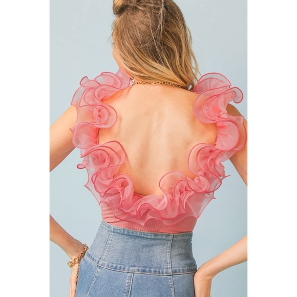 Flying Tomato Pink Organza Trimmed Ribbed Cotton Sleeveless Bodysuit - Picture 8 of 11